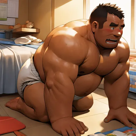 masterpiece, Top quality, in 32K, perfect anatomy, hyper detailed, super fine illustration, The thick man is a brutal prisoner, retarded, hairy human, 50yo in Japan, (fatness: 1.0), Fatty muscle, Bowleg, disappointment, incontinent, be diaper check by chil...