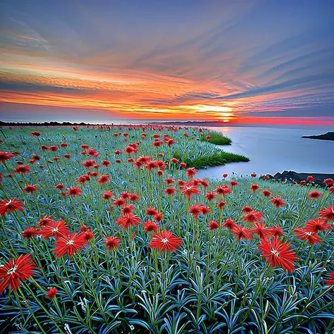 This world is like a dream。Red spider lilies bloom in a monochrome world.。The black sea reflects the sky、White flower fields spread out。cloudless sky。The moon is setting。Create an image that represents this dream world.。