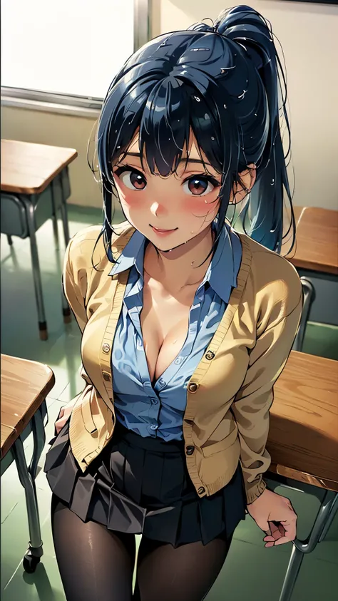 ((highest quality、Mastepiece、High resolution))、(((Zoom photo from above:1.95、15 years old、blush、high school girl、cardigan、shirt、skirt、black tights、Cute smile:1.5、、Wet body、Wet Hair、Cleavage、Blue Hair、ponytail、In the classroom)))