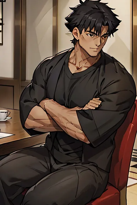 Kiritsugu Emiya is sitting in a black tshirt with short sleeves and is flexing his biceps. He has many huge veins on his arms.