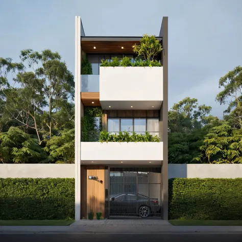 a view of a modern home with a large front yard, main material by white wall and stone and wood, 1 road runs in front of the hou...