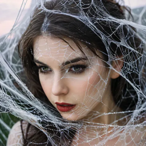 a woman entangled in the spider's web, cobweb