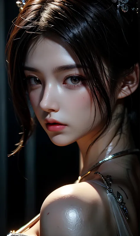 Game Art，CG Animation，Best image quality，Maximum resolution，8k，(A half-length photo)，(portrait)，(Head close-up)，(Rule of Thirds)，Unreal Engine 5 rendering works，20 year old girl，((Queen))，The eyes are very detailed，(Large Breasts)，Elegant and noble，Movie L...