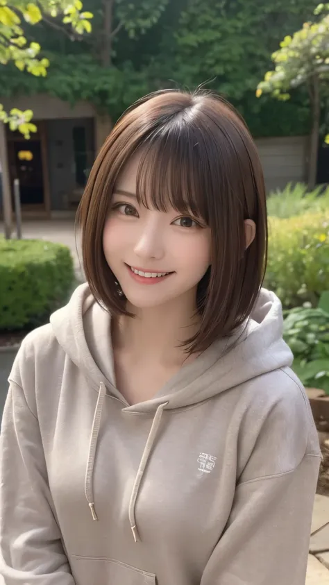 (((garden:1.3, photographed from the front))), ((brown medium bob:1.3, great style:1.2, shy  smile:1.2, brown knit hoodie, japan...