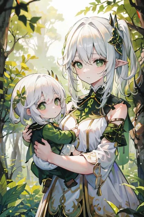 Two girls,forest backgrou,Best quality, Expressive eyes, Perfect face,Mother and child,Mother and child traveling in the forest,rainforests,Genshin,by WLOP,High quality,(Less noise),A softer picture,Short hair,White hair,Green hair,Nahida