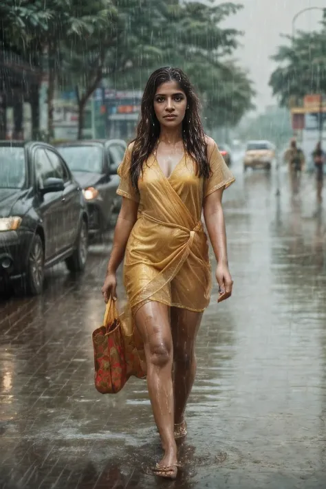 (full body portrait of 35 years old Indian woman walking down the road of Mumbai in rain), gorgeous long detailed hair, Erotica Art,  Milf, Vintage Portrait, cinematic, 8K resolution, ((wearing thin transperant yellow one piece)), ((drenched in rain)), ((M...