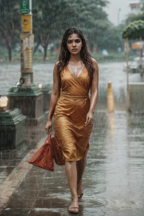 (full body portrait of 35 years old Indian woman walking down the road of Mumbai in rain), gorgeous long detailed hair, Erotica Art,  Milf, Vintage Portrait, cinematic, 8K resolution, ((wearing thin transperant yellow one piece)), ((drenched in rain)), ((M...