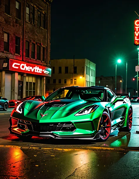 masterpiece, best quality, highres, a close-up of a car 1car, dark green car, 2023 Chevorlet Corvette, neon red headlights, front-firing machine guns on the front bumper, nighttime, city ruins, ground vehicle, motor vehicle, no humans, outdoors, road, matc...