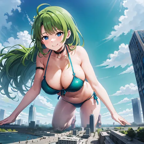 ((giantess)), 1 rapariga, maya_kantaicollction,green bikini, lying woman, woman destroying a city, woman on the ground, big citi...