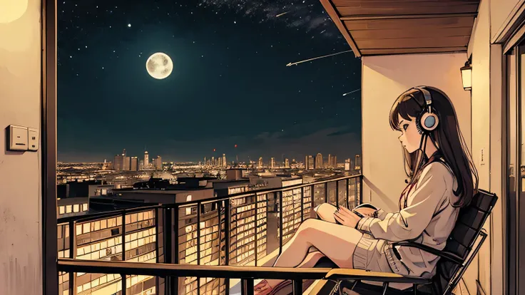 1 girl, 70s anime style, night, Apartment balcony、 moon, Girl wearing headphones, Late night on the balcony, Listening to music alone, City Pop, low quality, Lo-Fi, Chill, late night, Single room balcony, Dark Room, futuristic night view outside the window...