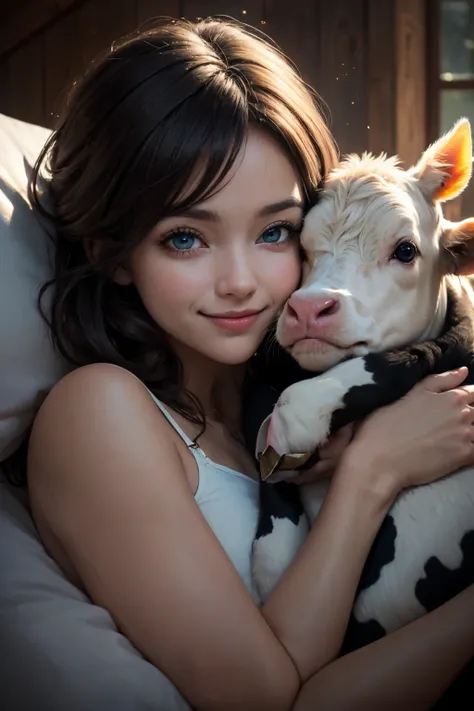 This is a cozy and happy image of a woman curled up next to an adorable calf. The woman is with interesting and beautiful eyes and puffy lips. Her eyes are (colorful) and have interesting color combinations. The calf is sleepy and cute, with detailed eyes...
