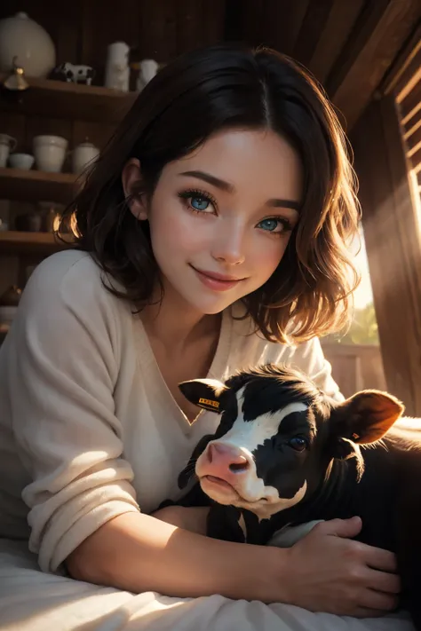 This is a cozy and happy image of a woman curled up next to an adorable calf. The woman is  with interesting and beautiful eyes and puffy lips. Her eyes are (colorful) and have interesting color combinations. The calf is sleepy and cute, with detailed eyes...