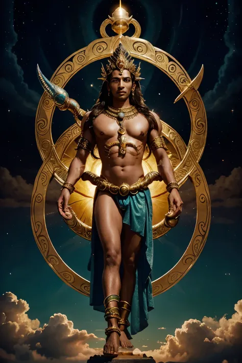 image of Lord Vishnu in his cosmic form, with clouds swirling around him, the sun shining brightly in the background, and the divine serpent Ananta-Shesha behind him, symbolizing eternity and infinity