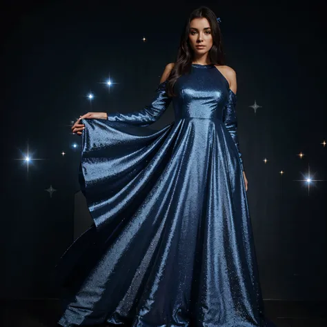 Long shiny and flowing dark blue dress with sparkle stars 