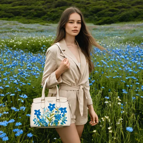 In a paradisiacal garden, the young woman with the long brunette hair, wearing beige clothes and carrying a white handbag.
around her are ocean blue flowers on the meadow.
many details, extreme detailed, full of details,
Wide range of colors.
Many details ...