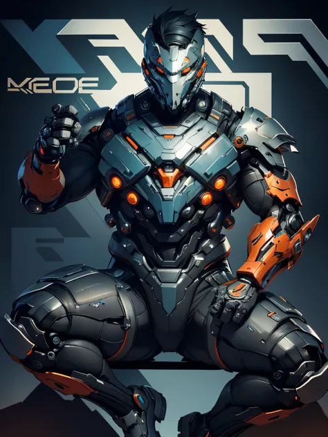 wearing a mechanical suit, Mechanical wonder, Cyberpunk, Cybernetic Guardian, futuristic armor, full body, front pose, symmetry, intricate (steel metal [rust]), joints, warframe style, cyborg, male body and armor, Chainsaw Man  