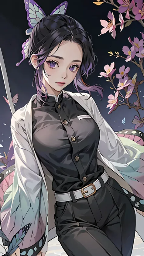 photorealistic, high resolution, soft light,1women, solo, hips up, (detailed face), nami (one piece), tattoo, jewelry,kochou shinobu,multicolored hair,no bangs,hair intakes,purple eyes,forehead,black shirt,black pants,haori,butterfly,buttons,belt, katana