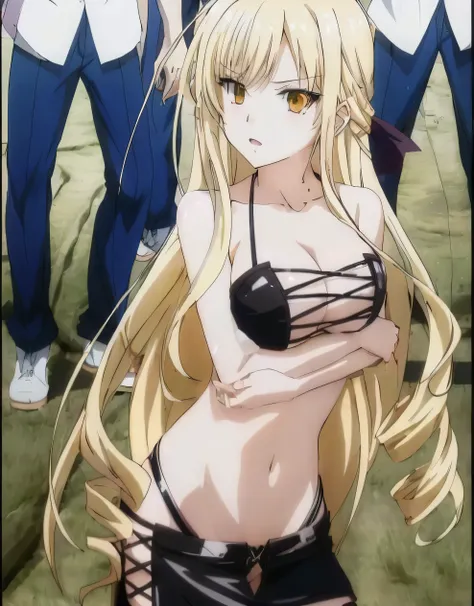 Anime girl with long blonde hair and a huge black bra posing in front of other girls, Seductive anime girl, An anime girl named Lucy, Dxd high school, Screenshot from anime 2012, Blonde anime girl with long hair, The best girl in anime, In the anime movie,...