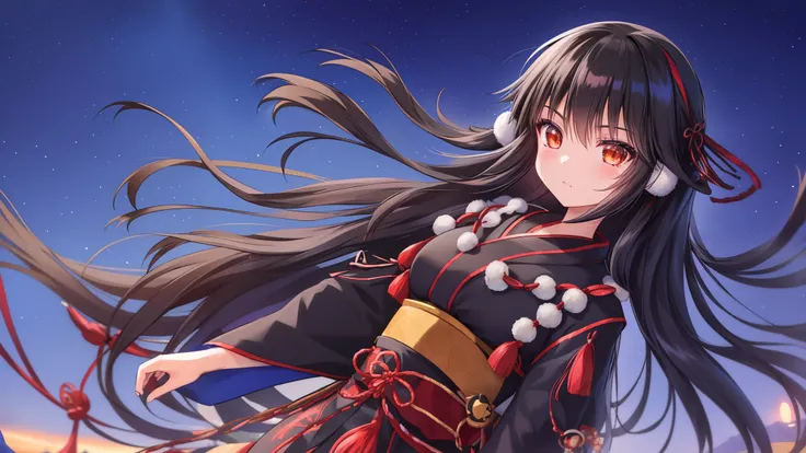 A cute beautiful girl with long black hair wearing Ainu traditional costume and a big red ribbon。Listening to music。In the great outdoors。Night Sky。meteor。moonlight。Beautiful Northern Lights。Birds are flying。Japanese anime style。Japanese style。