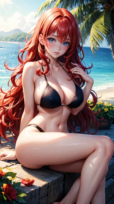 Realistic, 1 girl, Red hair, length、Curly Hair、blue eyes, Shining Eyes, Black Bikini, Sweat, Lips parted, blush, night, Flowers, sun, sunlight,Bare feet are visible、I can see the crotch、