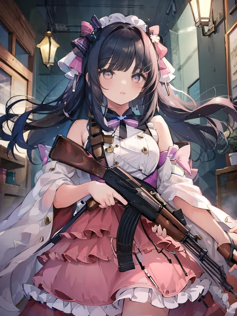 1girl, dress, idol costume, pink clothes, holding gun,  rifle, layered skirt