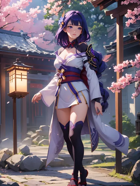 ((Full body image:1.4))Japanese Shrines, (highest quality，Realistic,masterpiece:1.2，8k wallpaper:1.2)，((Pale skin))，One Girl，women only，((Genshin Impact_Impact，General Raiden))，Lightning Particles，Purple Lightning，Light background，cherry blossoms，Purple Th...