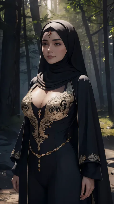 modeling portrait, natural breasts, (Hania Amir), Pakistani, ((hijabi)), (tight body suit and abaya:1.3), (cleavage:1.2), (she is like a goddess:1.3) depth of field, cinematic lighting, UHD, super detail, masterpiece, (Satin silk plain red Abaya:1.3), high...