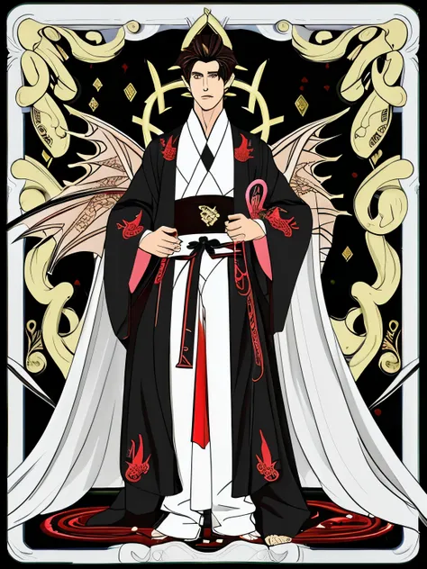 Roupa masculina para um desfile, estilo surrealista, um kimono masculino com detalhes em dourado nas cores preto e vermelho, and a pair of Dragon wings following the length of the kimono