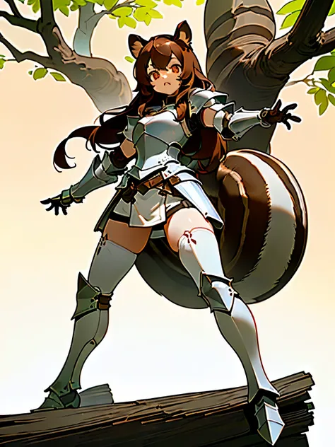 ((Masterpiece, 8k, High quality)), (adult female), (orange eyes), (((long brown hair))), (((Squirrel ears))), ((Medium bust, hips wide open)), ((wearing white stockings)), (((Wear armor made from tree bark.))),