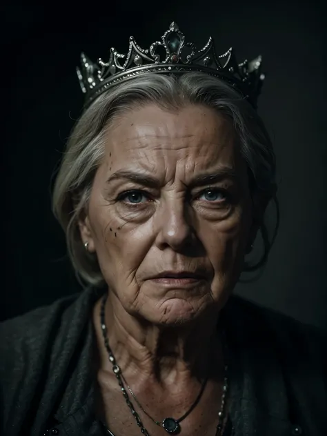 A highly detailed and hyper-realistic depiction of a disgusted old queen with scars and wrinkles on her face. The character is surrounded by mist, evoking a mysterious and eerie atmosphere. The lighting is dark and atmospheric, with a red smoke adding a to...