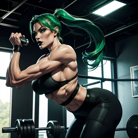 8k, best quality, beautiful muscular adult woman, wrestler, very muscular, very tall, vivid green hair in a loose low ponytail, large breasts, large toned ass, athletic, fit, pale white skin, 8 feet tall, muscular thighs, shredded waist, glowing green eyes...