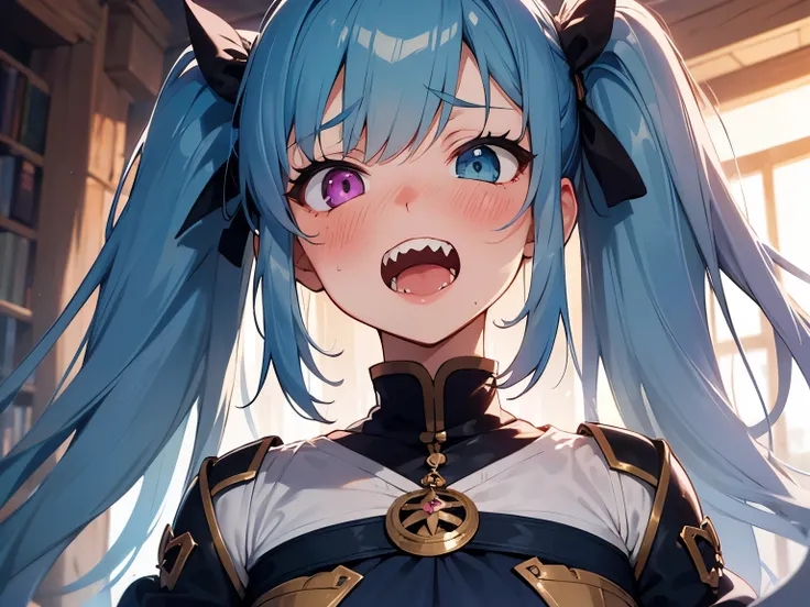 NSFW,Light blue hair、Twin tails、Heterochromia、Purple Eyes、blue eyes、Sharp teeth,Embarrassed,blush,(Fantasy:1.5),(Adventurer&#39;s Clothes:1.5),(Perfect hands),(Perfect Anatomy),(masterpiece),(highest quality),Outdoor,Night Forest,tent,bonfire,One man,Havin...