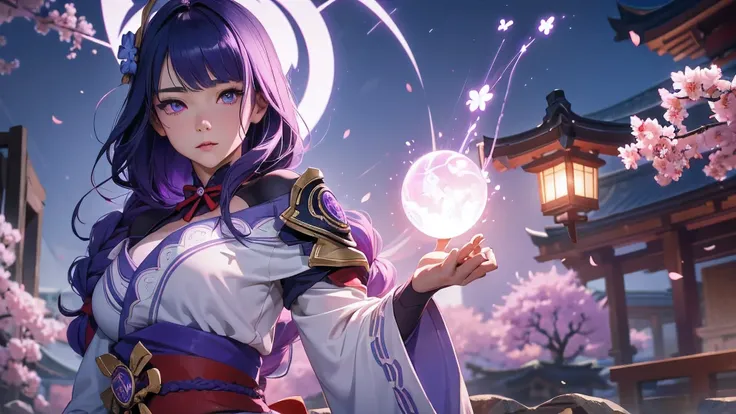 Japanese Shrines, (highest quality，Realistic,masterpiece:1.2，8k wallpaper:1.2)，((Pale skin))，solo，women only，((Genshin Impact_Impact，General Raiden))，Lightning Particles，Purple Lightning，Light background，cherry blossoms，Purple Theme，Delicate facial feature...