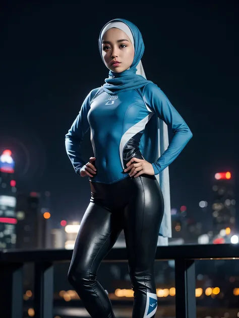 1 malay girl, solo, hijab, blue eyes, medium hijab, superhero, blue and white leotard, leggings, boots, hands on hip, top of building, city background, bokeh, nighttime, high quality, ultra detail, 8k, action pose, cinematic lighting, cinematic smoke,