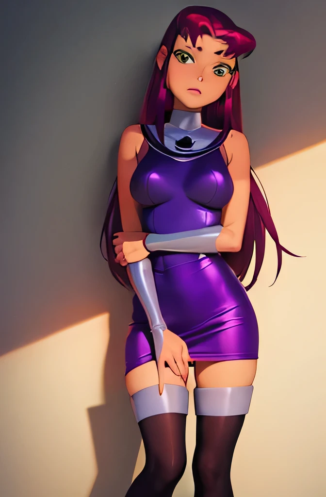 masterpiece, best quality, 1girl, starfire, red hair, long hair, green eyes, orange skin, black mini dress, thighhighs, stocking...