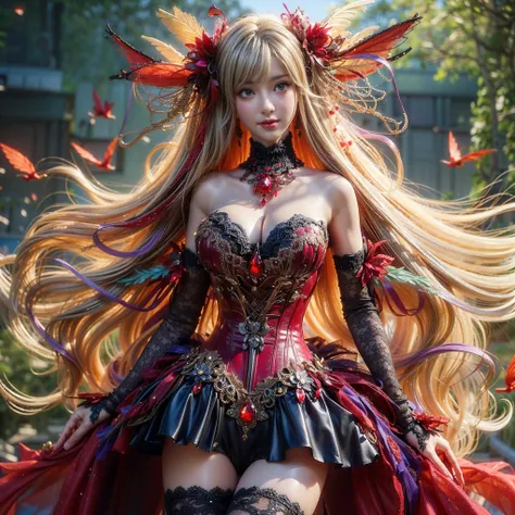 An asian woman with loose hair, gigantic breast, standing on the stairs in the middle of a magical atmosphere, with a predominantly blue and red costume, a strapless corset-style dress decorated with bright purple jewels, a short tutu skirt, black thigh-hi...