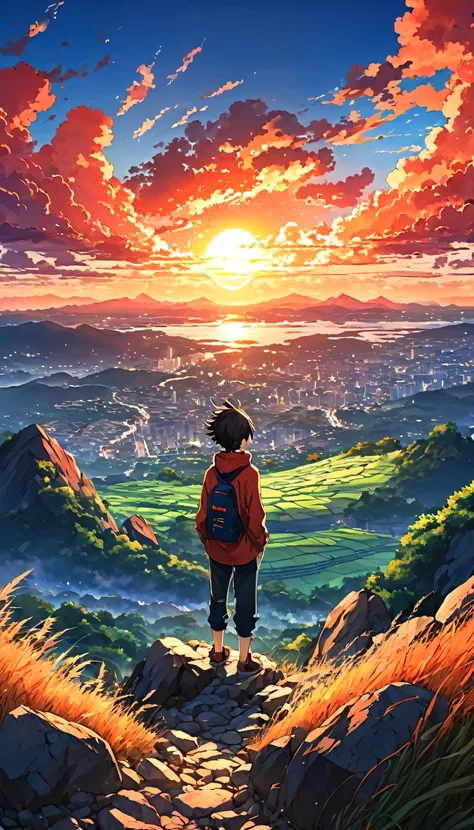 anime landscape of a boy on a hill of rocks with grasses, sunset with orange and red infernal clouds, anime nature wallpapers, beautiful anime scene, beautiful anime peace scene, Makoto Shinkai Cyril Rolando, beautiful scene of anime, amazing wallpaper, an...