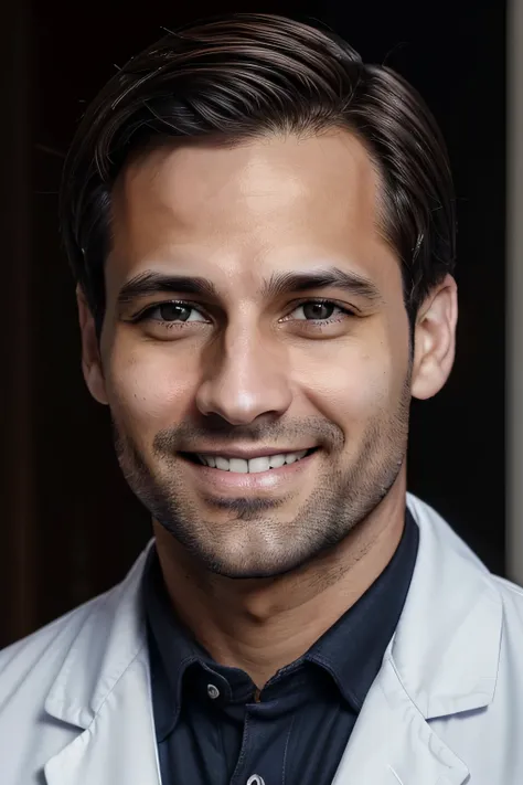 a male doctor with brown hair, black eyes, smilling, frontal photo like a selfie