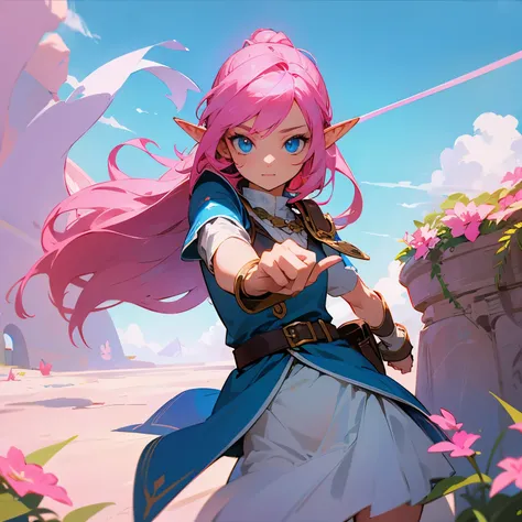 elf girl with blue sky and pink hair, with blue sky eyes, and looks like an adventurer, and there is an bow behind her, reaching out 