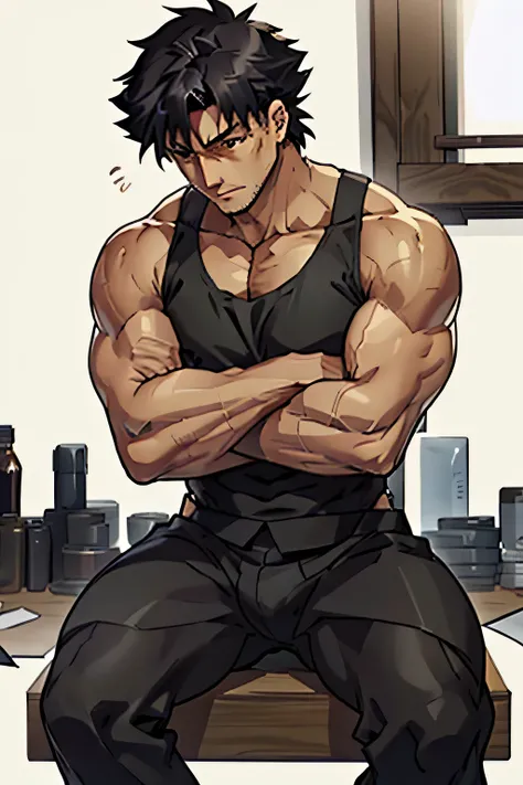 Kiritsugu Emiya is sitting in a black tank top without sleeves and is flexing his abs. He has many huge veins on his arms. His top is lifted up and his abs are visible.