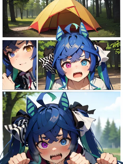 NSFW,Twin_Turbo_Umamusume,Light blue hair、Twin tails、Heterochromia、Purple Eyes、blue eyes、Sharp teeth,Embarrassed,blush,(Perfect hands),(Perfect Anatomy),(masterpiece),(highest quality),Outdoor,In the forest at night,tent,bonfire,One man,Having sex,Embarras...