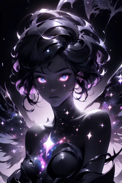 generate a dark celestial woman with ((extremely perfect)) eyes and (((pure black galaxy skin))). her ((pure black)) but (soft) ...