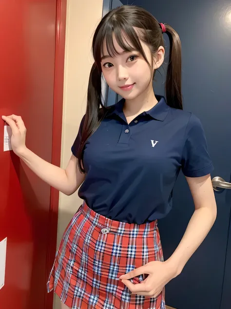 one person、one person、A 17-year-old high school girl poses for a photo in a short-sleeved white sailor uniform、victory、Twin tails、Tsundere、masterpiece、High-level image quality、Sharp focus）、Navy blue shirt、Red tie、Navy and red checked mini skirt、cute、Japane...