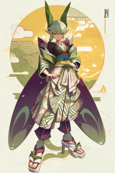 Elf female, feminine look, sexy hair, green outfit, leaves around body, swirling air movement, wide angle, full body view, loose fabric, geometric shapes, small breasts, lime pattern kimono, brushstrokes yellow, up-do hair, Bauhaus, geometric shapes