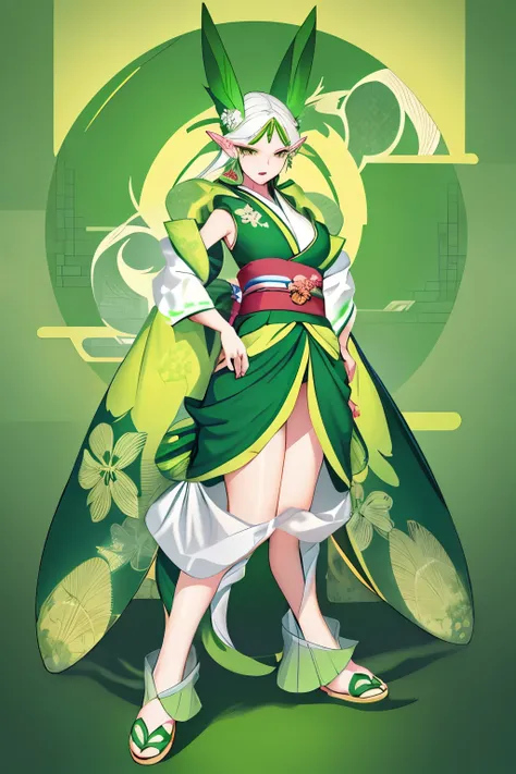 Elf female, feminine look, sexy hair, green outfit, leaves around body, swirling air movement, wide angle, full body view, loose fabric, geometric shapes, small breasts, lime pattern kimono, brushstrokes yellow, up-do hair, Bauhaus, geometric shapes