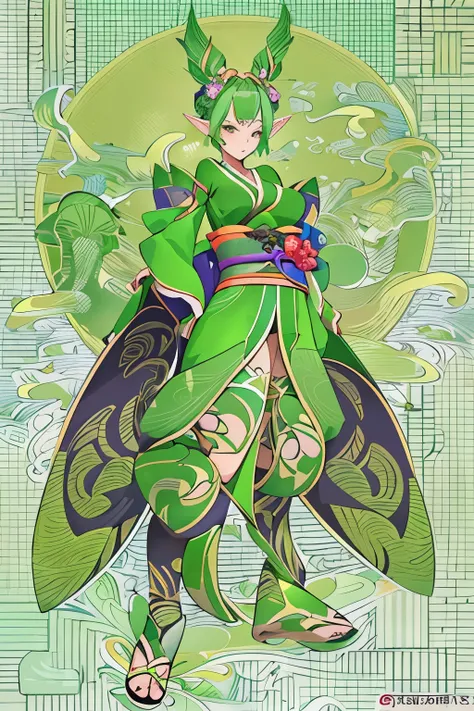 Elf female, feminine look, sexy hair, green outfit, leaves around body, swirling air movement, wide angle, full body view, loose fabric, geometric shapes, small breasts, lime pattern kimono, brushstrokes yellow, up-do hair, Bauhaus, geometric shapes