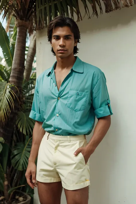 Create an image of a Brazilian man in the 90s, wearing a button shirt and tailoring shorts, the look has a tropical vibe. Realistic image,