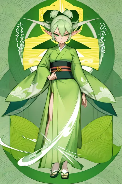 Elf female, feminine look, sexy hair, green outfit, leaves around body, swirling air movement, wide angle, full body view, loose fabric, geometric shapes, small breasts, lime pattern kimono, brushstrokes yellow, up-do hair, Bauhaus, geometric shapes