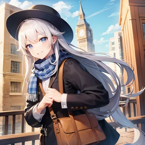 Hunky boy, white hair, great smile, blue plaid shirt, name tag that says ALZI, beige scarf, brown messenger bag, blue and white hat