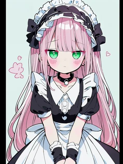 (((pearl pink hair,emerald pupils,green eyes))),((beautiful and detailed)),(blushing), (geometric:1.1),(((black and white maid d...